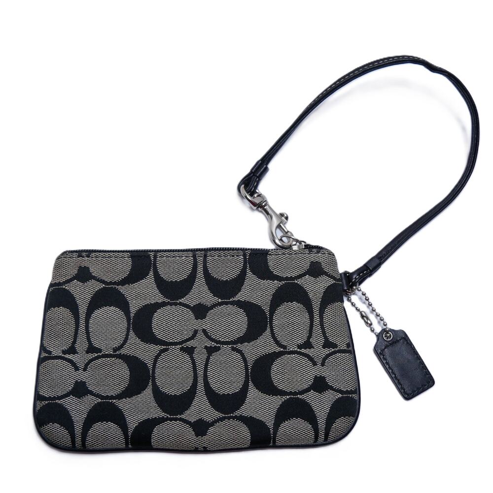 COACH VINTAGE SIGNATURE SMALL ACCESSORY POUCH ZIP WRISTLET CANVAS BLACK GREY - Picture 2 of 10